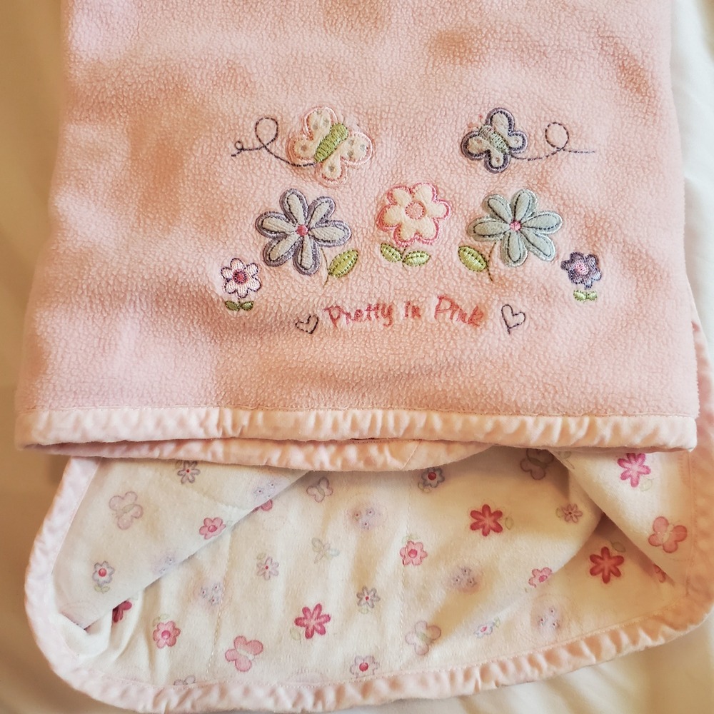Baby Connection Pink Fleece Reversible Floral Butterfly Blanket Pretty in Pink